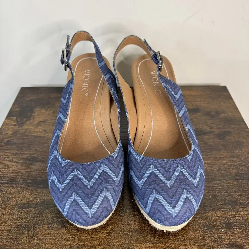 Vionic Coralina Canvas Espadrille Wedge Sandals Size 9.5 Navy Chevron